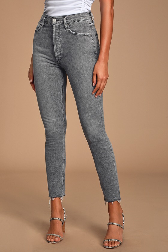 high rise gray jeans