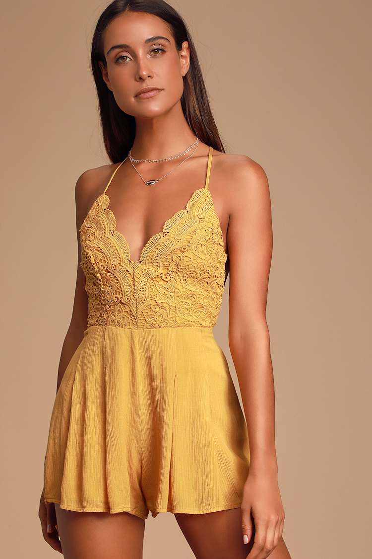chinese dress ladies Fashion Yellow Lace Detailed Back Tie-Up Romper with Bell Sleeve L / Yellow