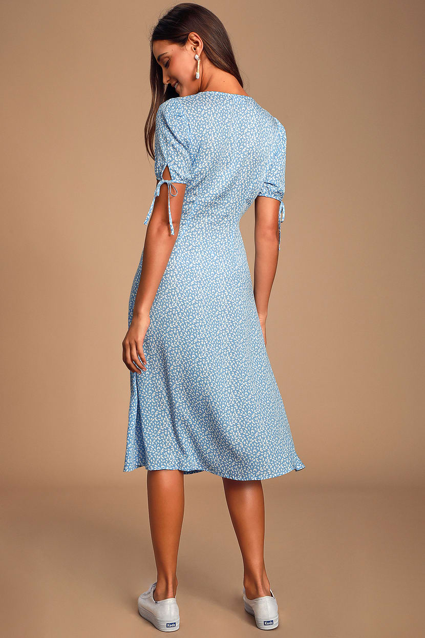 Fearless Overvåge Legitimationsoplysninger Cute Light Blue Leaf Print Dress - Button-Up Dress - Midi Dress - Lulus
