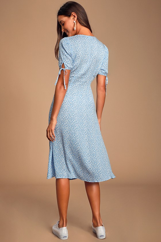 Light Blue Cotton Leaf Print Shirt Dress
