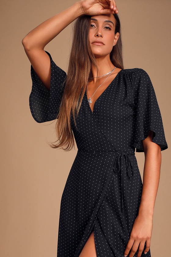 Farah Black Print Midi Wrap Dress
