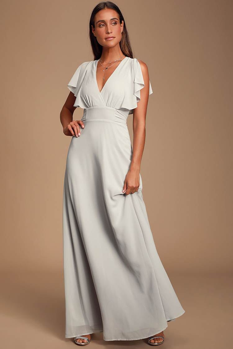 Dearly Loved Light Grey Flutter Sleeve Maxi Dress