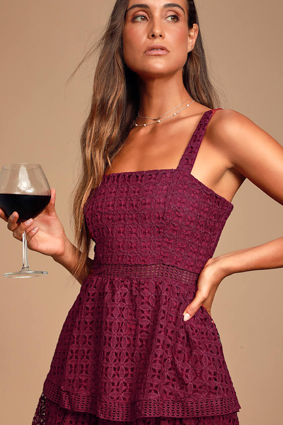Outstanding Burgundy Crochet Lace Ruffled Midi Dress 5