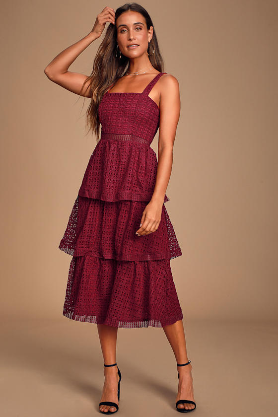 Outstanding Burgundy Crochet Lace Ruffled Midi Dress 6