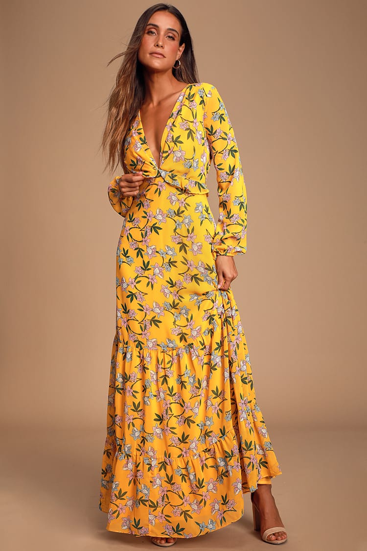 Cute Yellow Maxi Dress - Floral Print Maxi - Long Sleeve Maxi - Lulus
