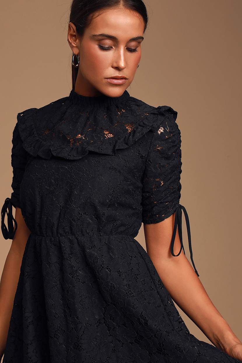 Afterglow Black Lace Ruffled Skater Dress