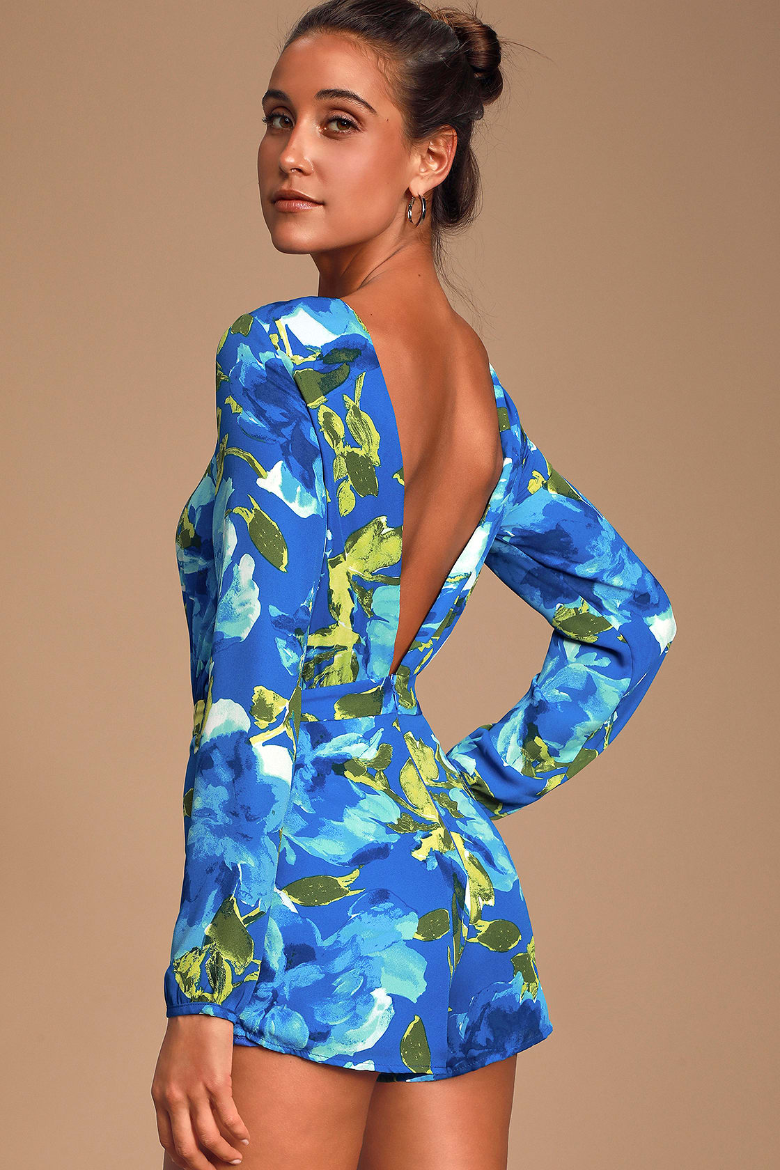 Sweetest Song Blue Floral Print Backless Long Sleeve Romper