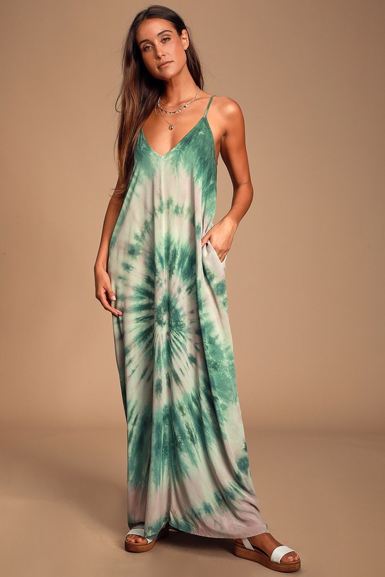 Nadiya Forest Green Tie Dye Sleeveless Maxi Dress