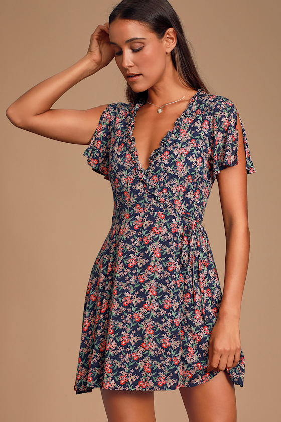 Audacious Audrey Navy Blue Floral Print Wrap Dress 10
