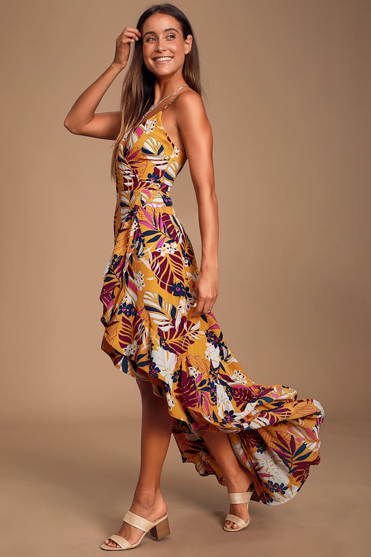 Vacation Days Golden Yellow Tropical Print High-Low Dress Vacation Days Golden Yellow Tropical Print High-Low Dress