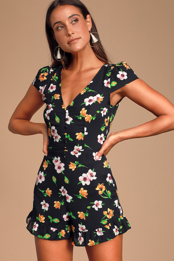 Black Floral Print Romper Short Sleeve Romper Floral Romper Lulus