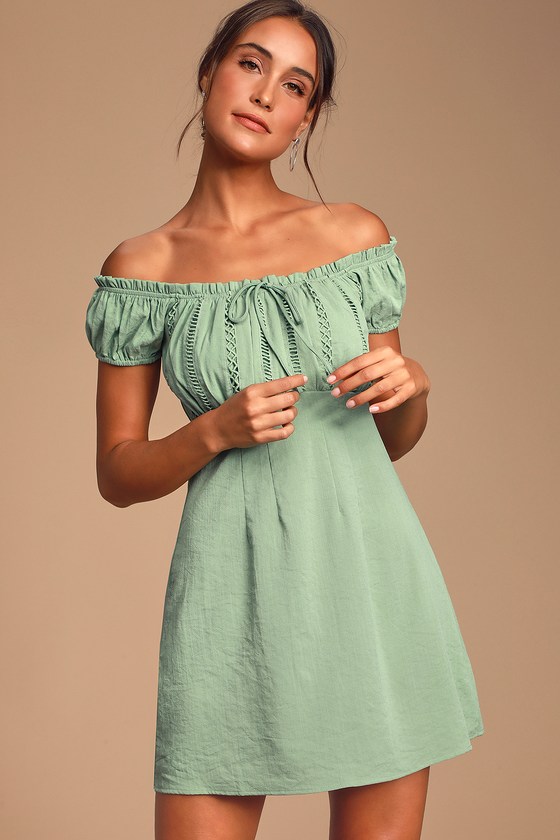 Wisteria Sage Green Embroidered Off-the-Shoulder Mini Dress