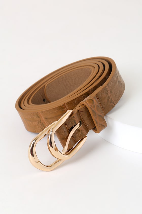 Double Down Taupe Crocodile and Gold Double Buckle Belt 1