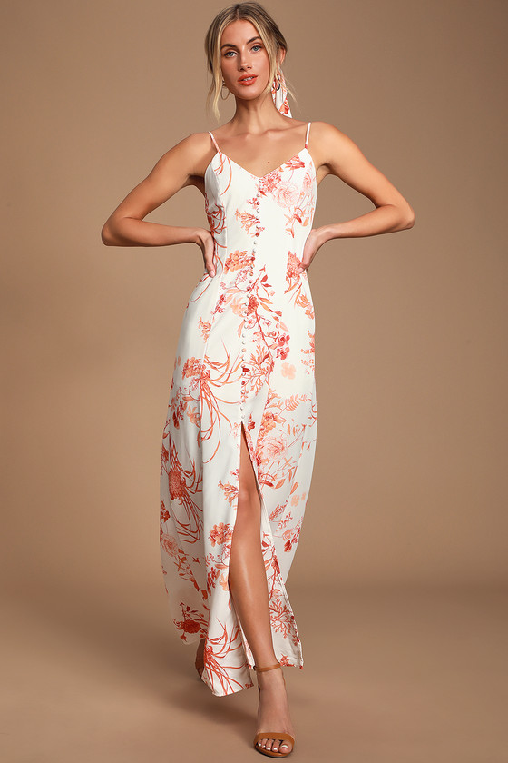 Rust Orange and White Print Dress - Lace-Up Dress - Maxi Dress