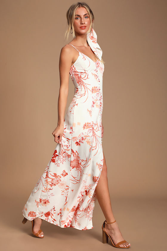Crista Rust Orange and White Print Button-Front Maxi Dress