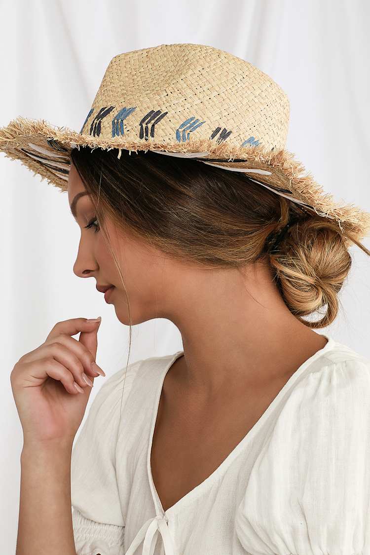 Aleena Blue and White Embroidered Straw Boater Hat
