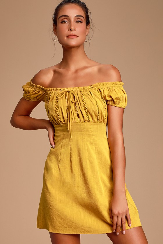 mustard yellow off shoulder dress