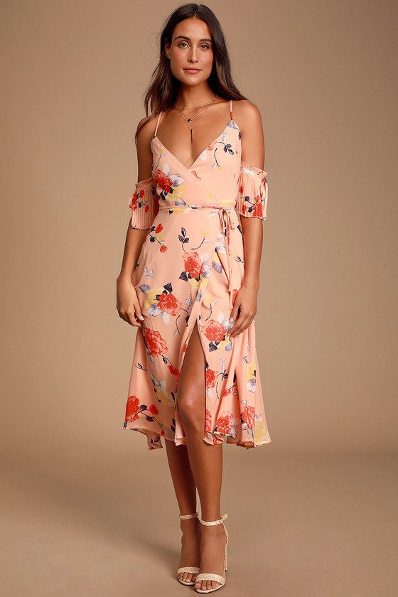 peach floral wrap dress