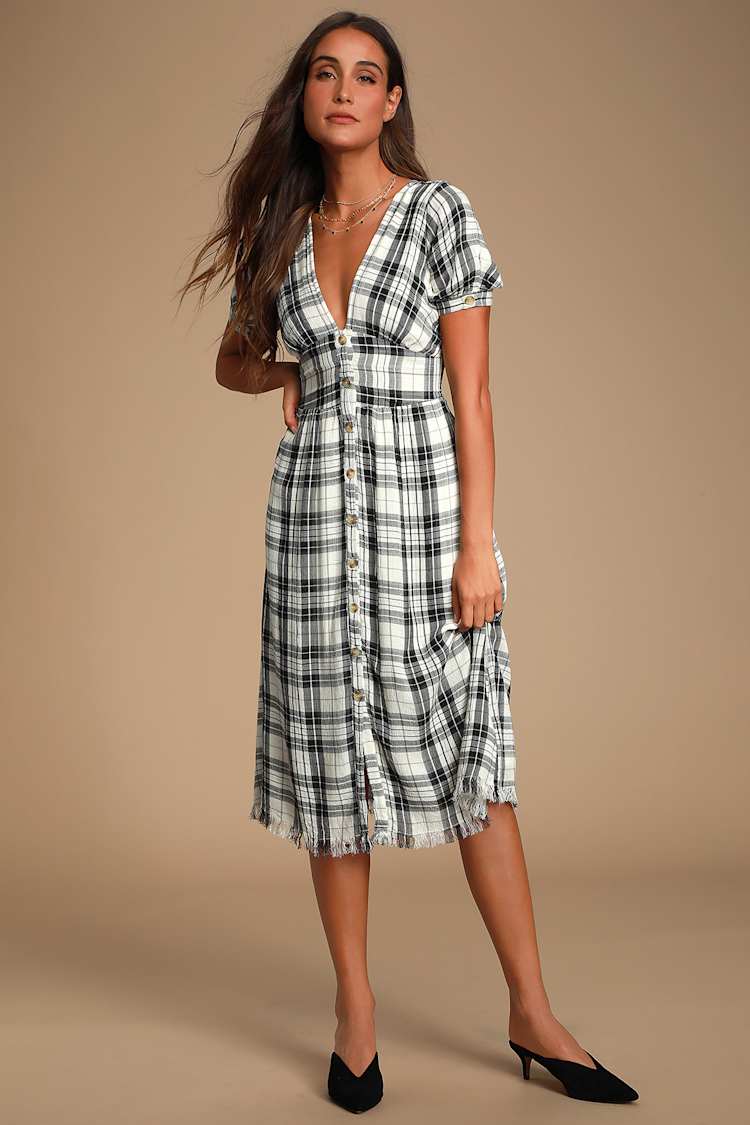 knee length dresses for ladies Shirley Black Long Sleeve Plaid Tweed Midi Dress main image 1