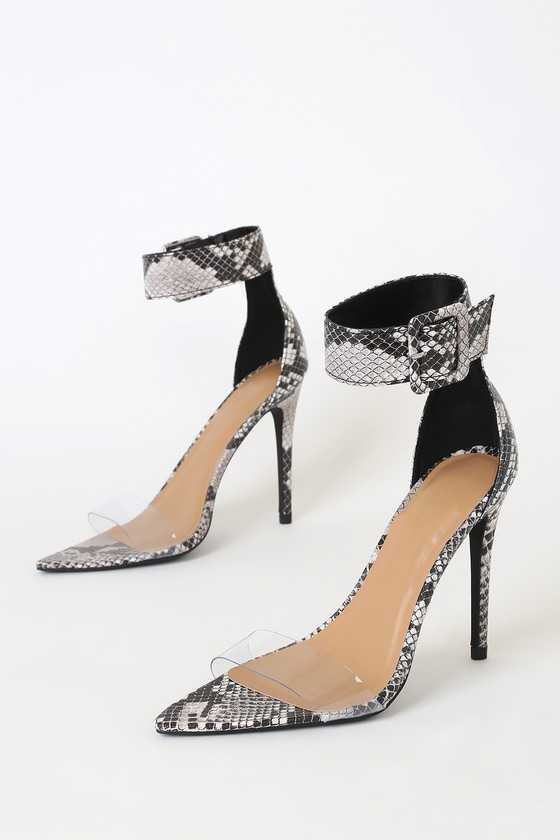 snake print pointed heels
