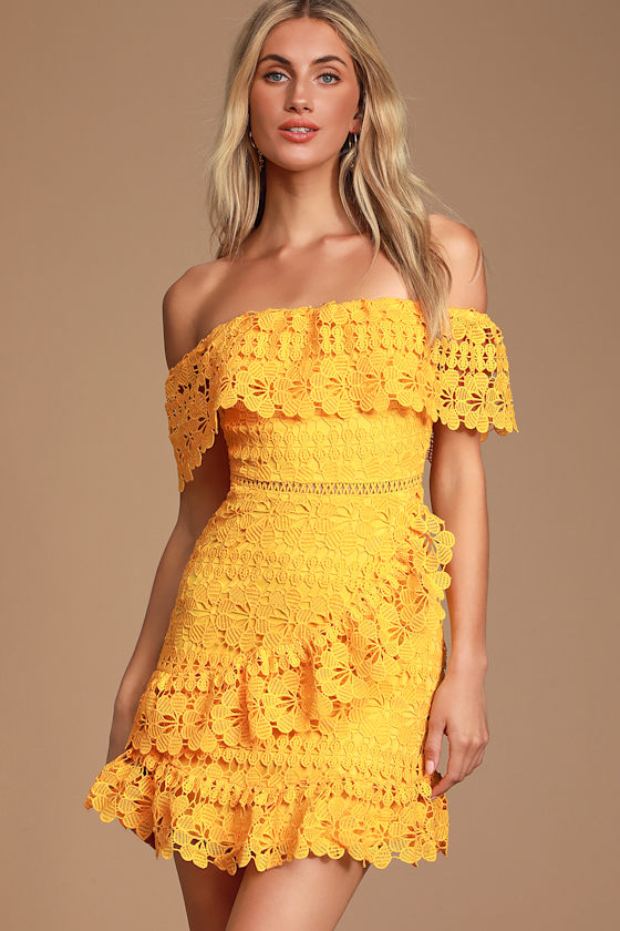 Frill and Grace Yellow Lace Off-the-Shoulder Dress 5