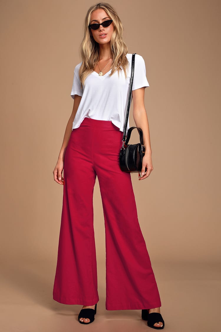 Cute Red Pants - Linen-Blend Pants - High-Waisted Wide-Leg Pants