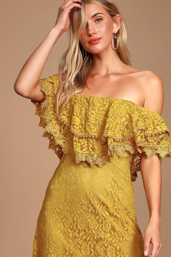 Jaclyn Golden Yellow Lace Off-the-Shoulder Midi Dress 6