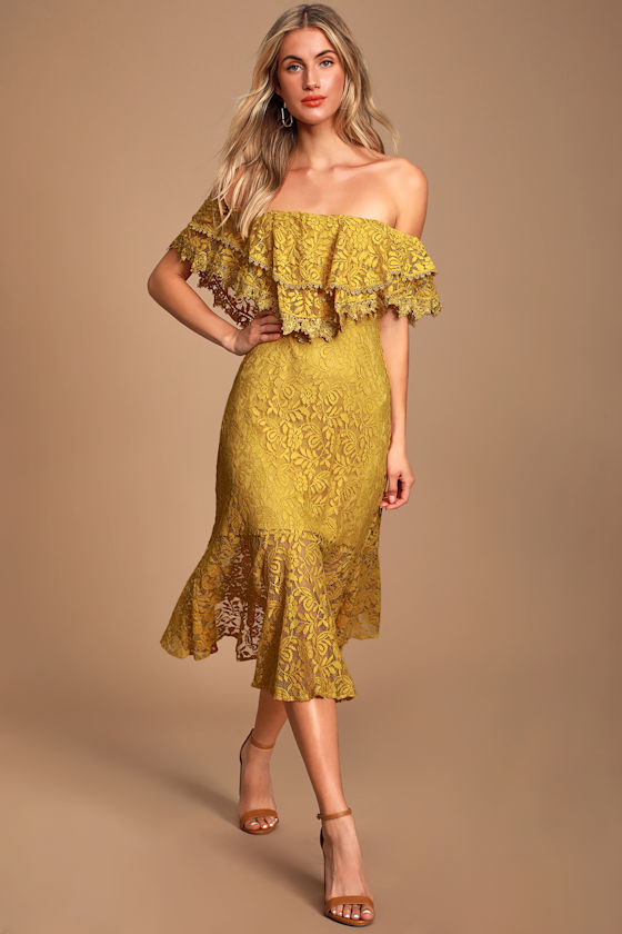 Jaclyn Golden Yellow Lace Off-the-Shoulder Midi Dress 7