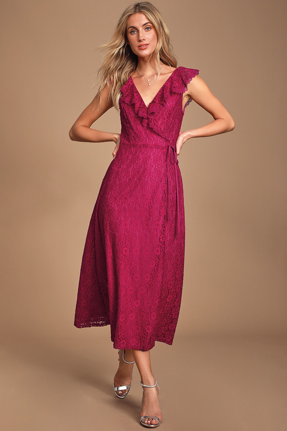 Cute Magenta Dress - Lace Dress - Midi Wrap Dress - Lulus