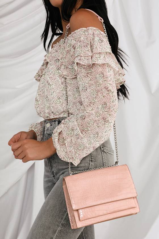 Chic Blush Pink Bag Crocodile Embossed Purse Crossbody Bag Lulus