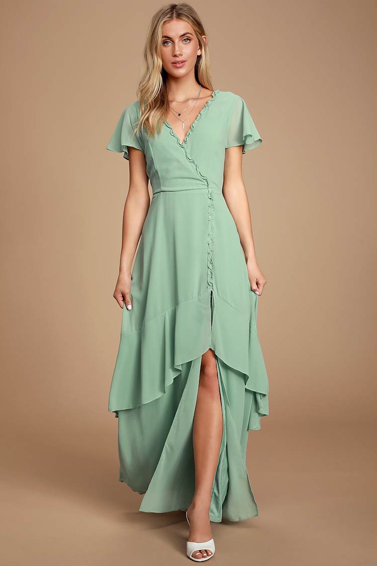 Glam Sage Green Dress - Maxi Dress - Ruffled Maxi Dress - Lulus
