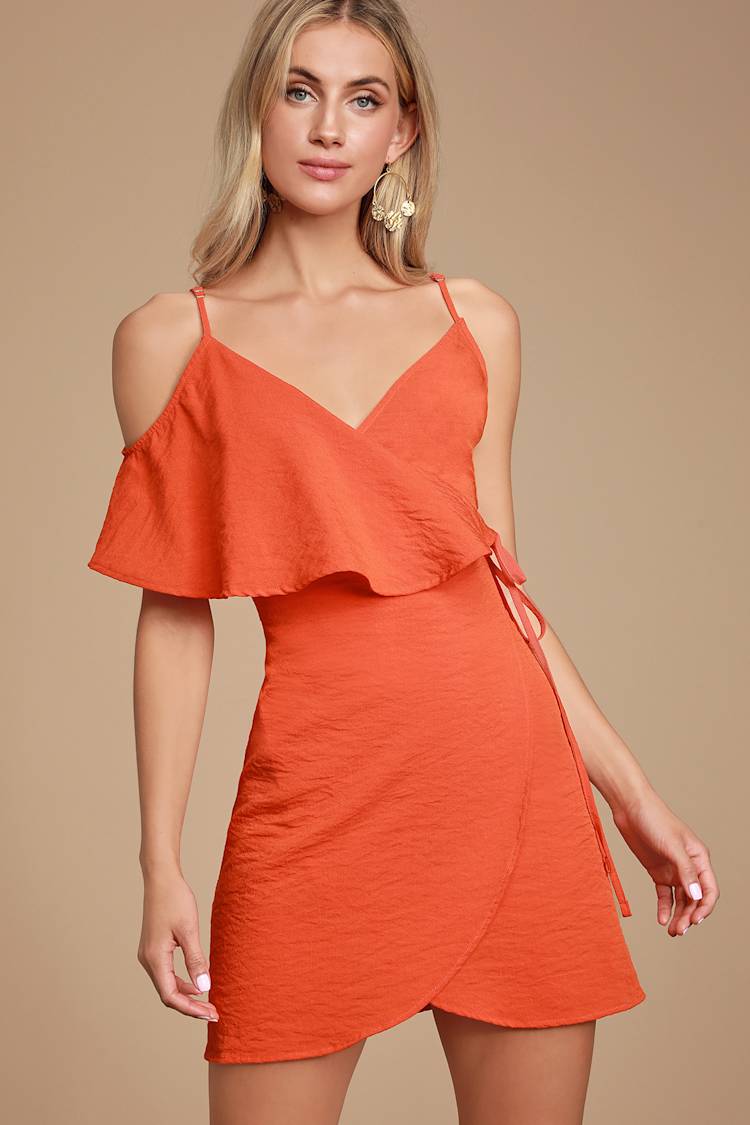 open lace back dress Burnt Orange Pleated Long Sleeve Mini Dress main image 1