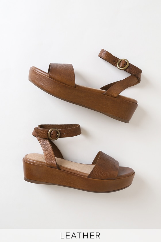 Seychelles Monogram Sandals - Tan Leather Flatforms - Sandals - Lulus
