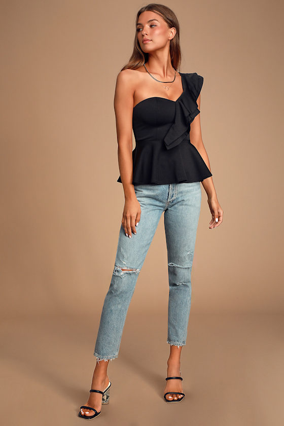 Gas Up Black One-Shoulder Ruffled Peplum Top 2