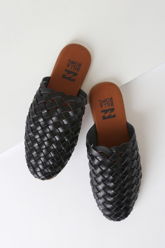 black woven heeled mules