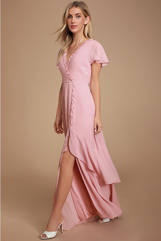 Pour the Champagne Mauve Pink Ruffled Backless Maxi Dress