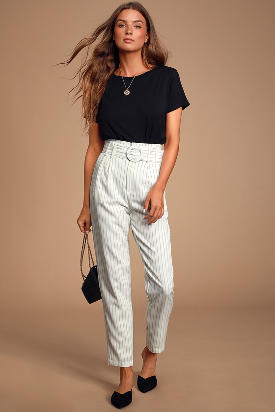 Chic White Pinstripe Pants - Belted 
