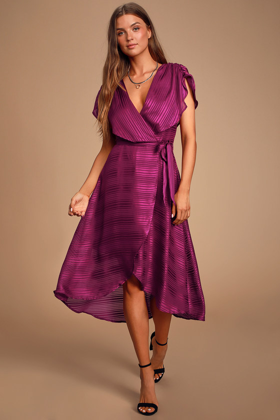 Lenita Plum Purple Striped Satin High-Low Midi Dress
