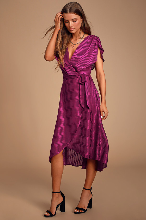 Lenita Plum Purple Striped Satin High-Low Midi Dress