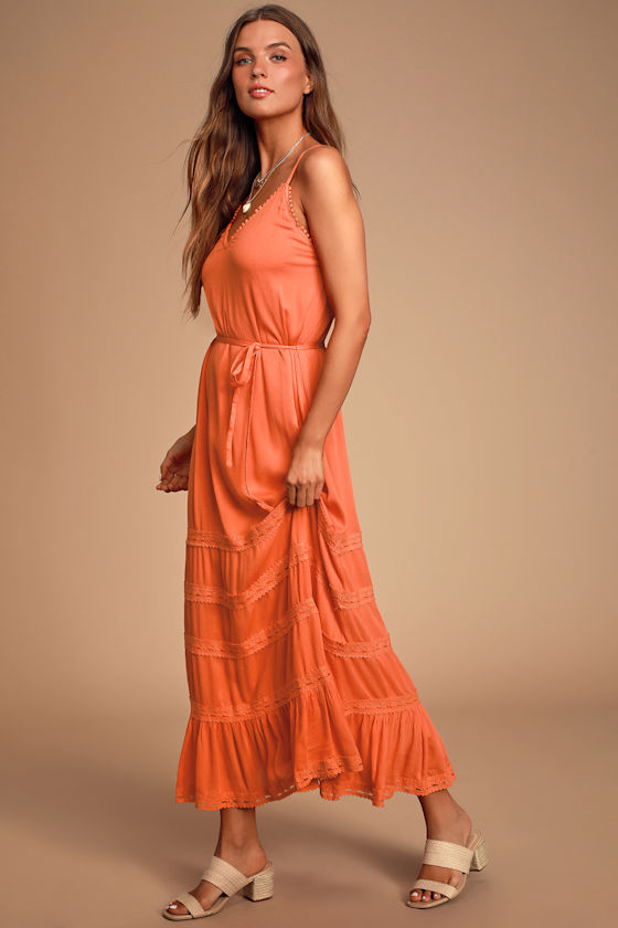 Coulee Coral Orange Lace Maxi Dress 8