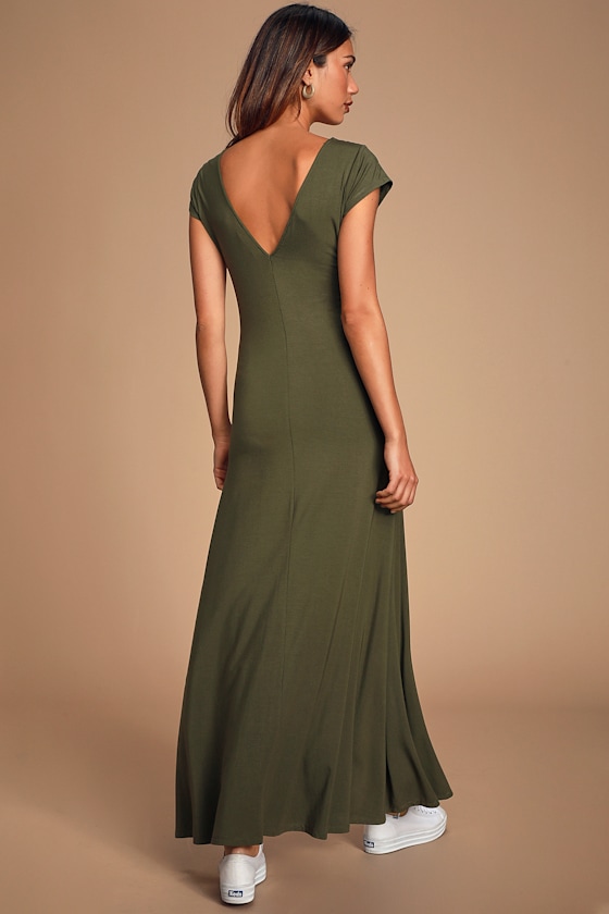 Cute Olive Green Maxi Dress Backless Maxi Dress Vneck Dress
