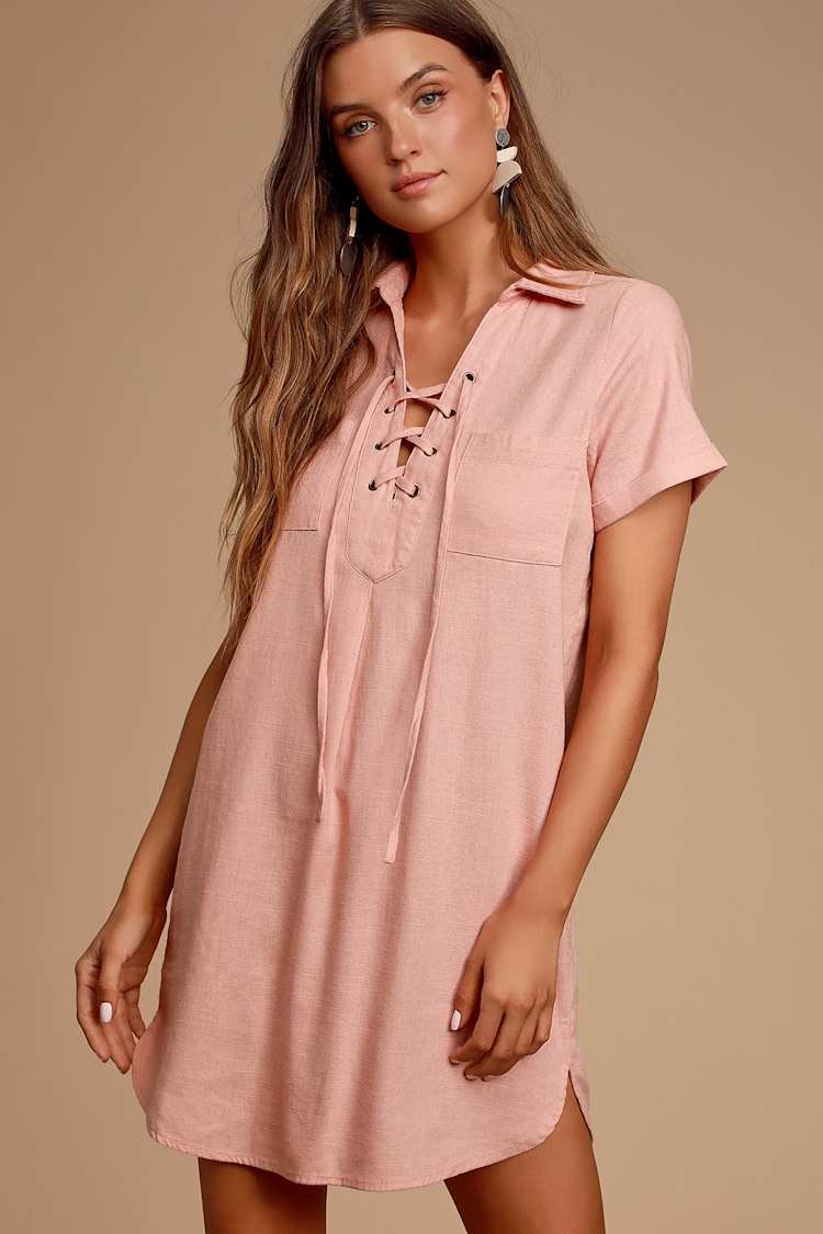Cute Peach Shirt Dress - Short Sleeve Dress - Collared Dress - Lulus