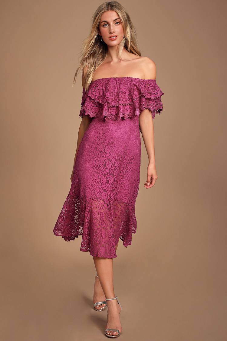 Jaclyn Magenta Lace Off-the-Shoulder Midi Dress Jaclyn Magenta Lace Off-the-Shoulder Midi Dress