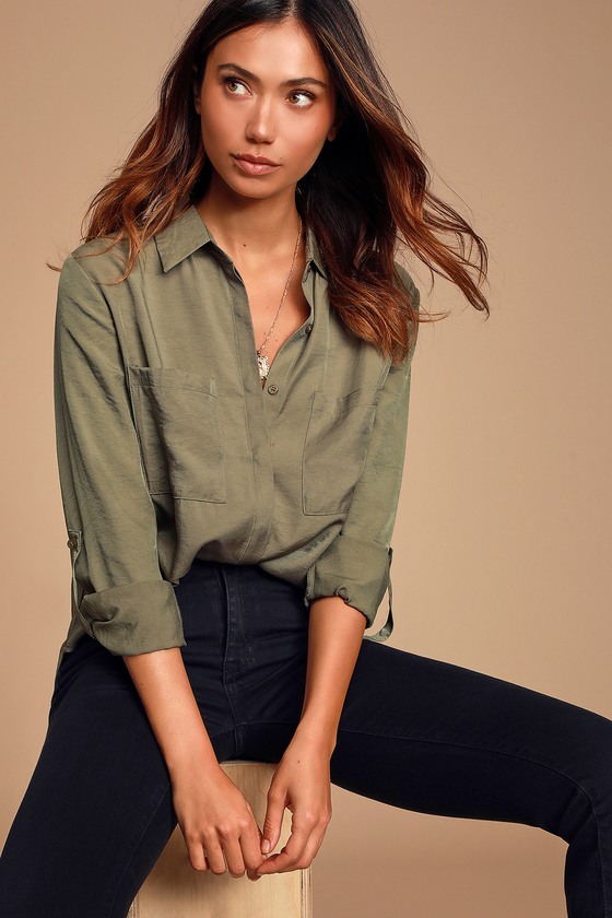 Classic Olive Green Top - Button-Up Top - Long Sleeve Top - Top - Lulus