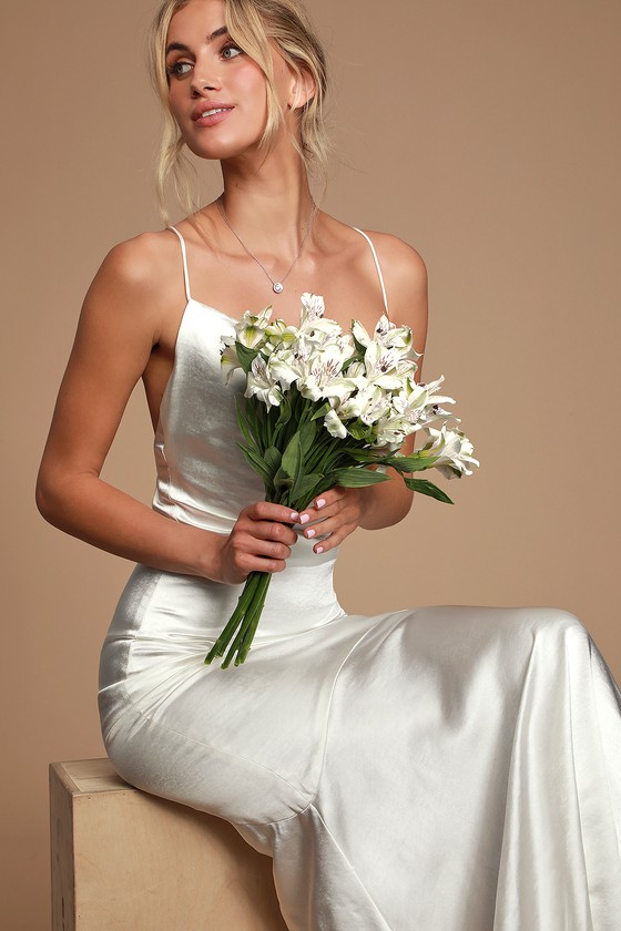 white satin cowl dress