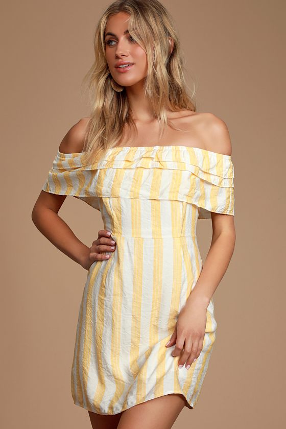 Persephone White and Yellow Striped Off-the-Shoulder Dress 3
