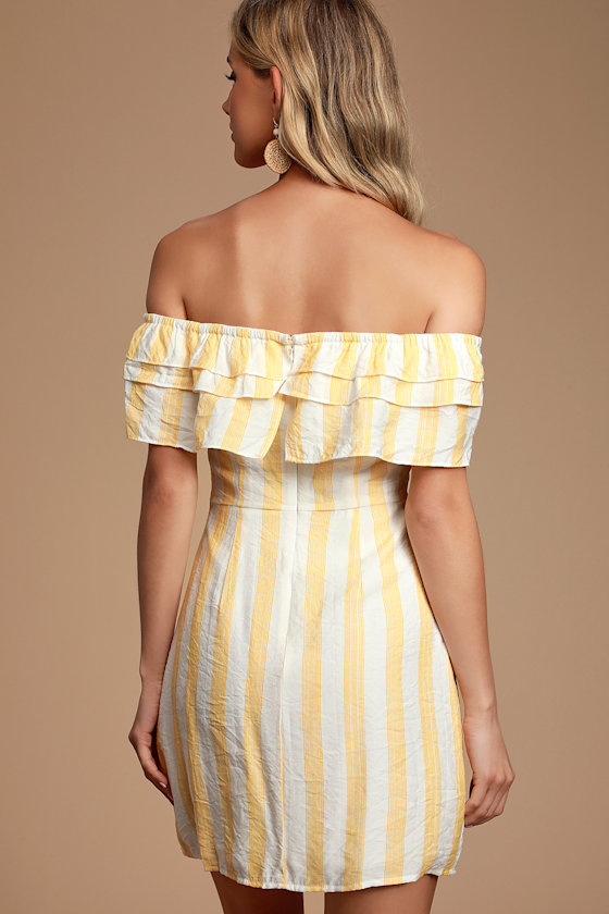 Persephone White and Yellow Striped Off-the-Shoulder Dress 4