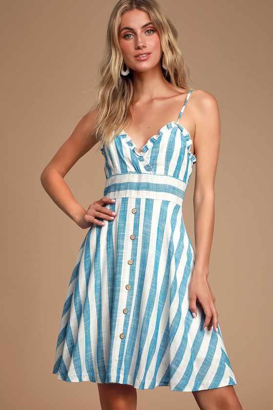 blue white striped linen dress