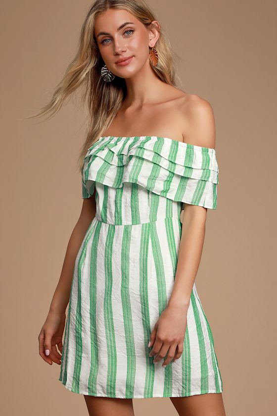 White and Green Striped Dress Striped OfftheShoulder Dress Lulus