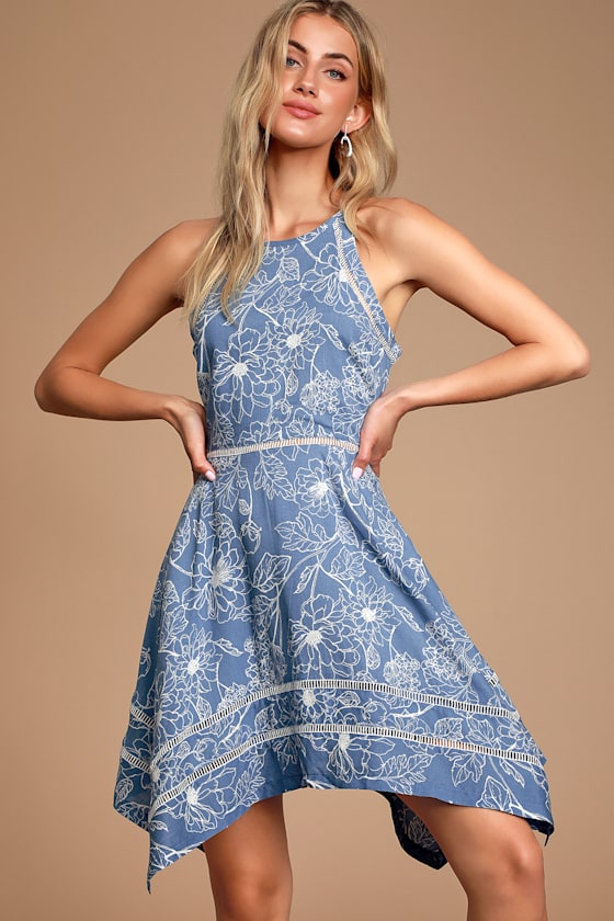 Bahama Mama Blue Floral Print Sleeveless Handkerchief Dress 5